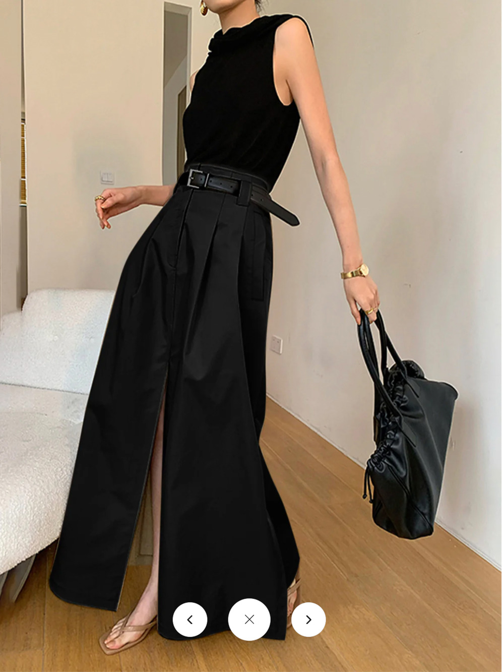 Commense Black Midi Skirt with Front Slit